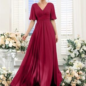 Size 0 A-Line V-Neck Half Sleeves Split Side Chiffon Burgundy red Dress
